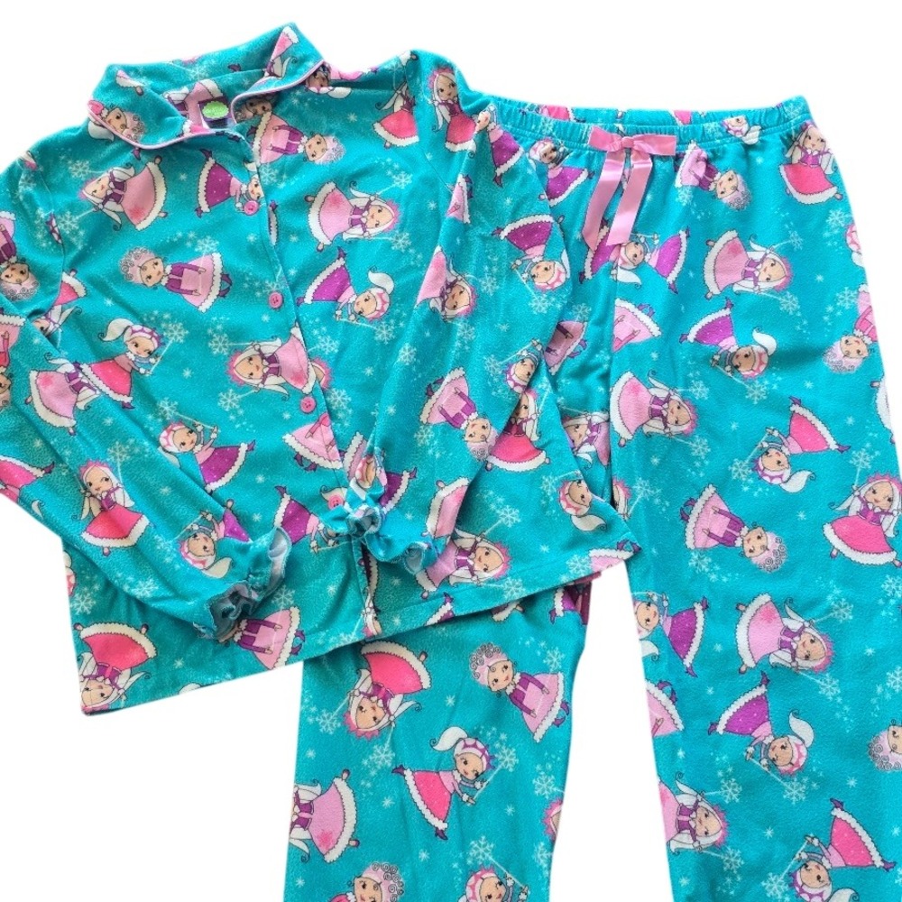 Dollie & Me Pajama Set Kids Size 14 Teal Blue Pink Doll Snowflake Fleece Cozy - Picture 2 of 13